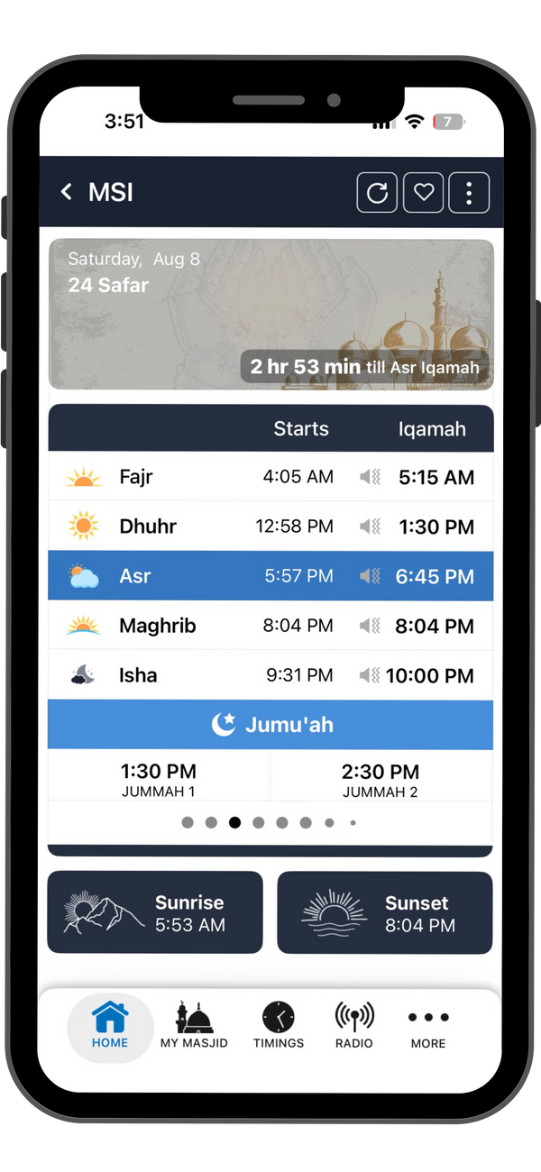 Prayer times, always visible.