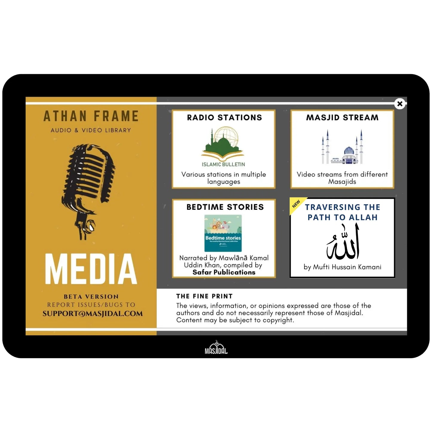 My Adhan Clock media screen displaying Islamic radio, kids’ bedtime stories, and faith-based audio content for families