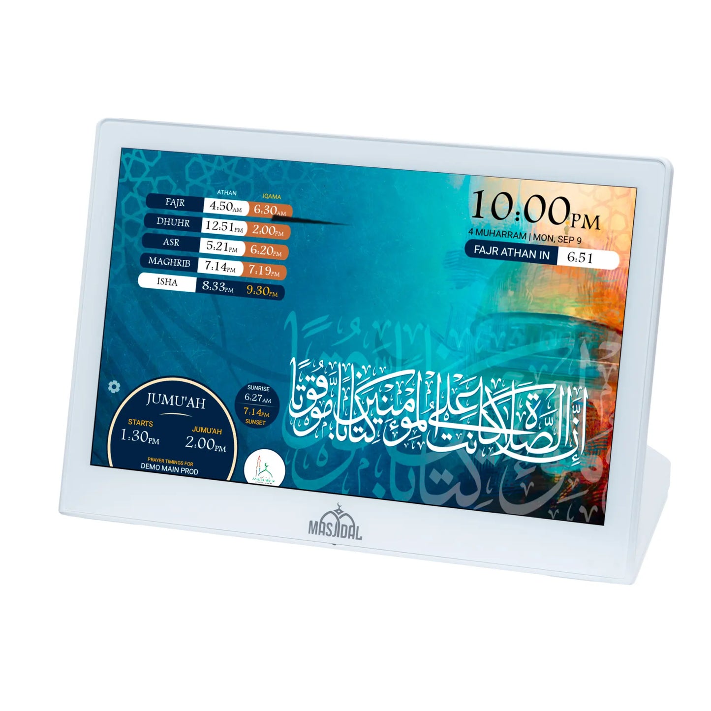 White Masjidal Athan Clock with elegant design, displaying Islamic prayer times and reminders for home and office use