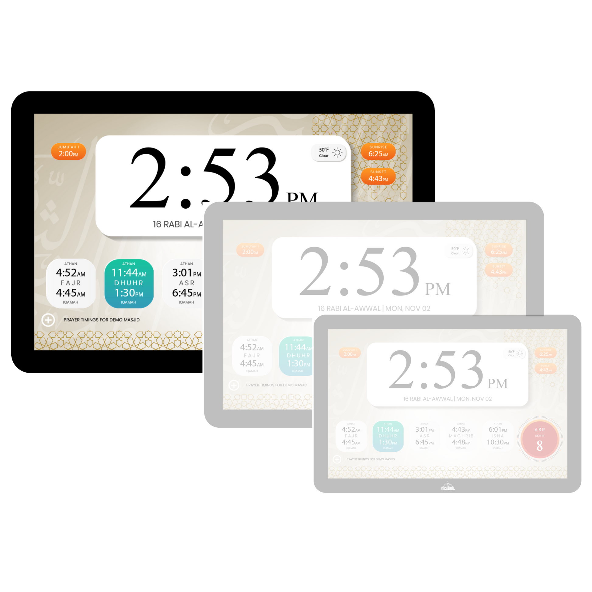 14-inch Masjidal Athan Clock with WiFi and touchscreen display, showing large, clear Islamic prayer times for modern Muslim homes